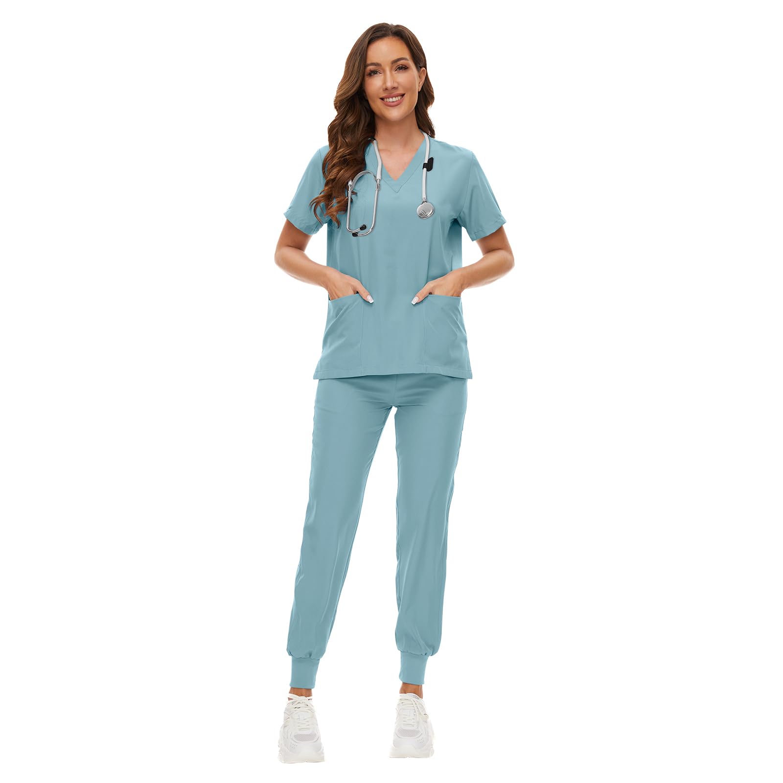 VIAOLIScrubs for Women Set V-Neck Pocket Top & Drawstring Jogger Scrub Pants Stretch Nursing Scrubs Set Uniform