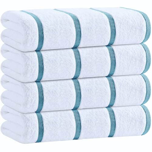 White Classic Cotton Pool Towels Oversized 30 x 60 Inches, Ultra Absorbent and Low Lint Striped Beach Towels for Adults, Stripes Design Luxury Extra Large Bath Towels, Light Blue, 4 Pack