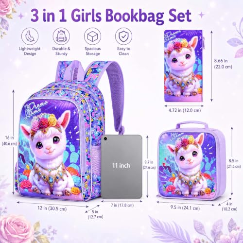 Image of AGSDON 3PCS Alpaca Kids Backpack, 16 inch Large Capacity Elementary Backpacks for Girls, Lightweight Toddler Schoolbag with Lunch Box