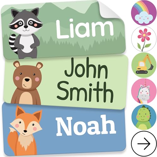 Personalized Name Labels for Kids (70 Labels) - Durable & Waterproof Custom Name Stickers for Clothing Tags School Supplies Camp & Daycare - Animal Forest (1.2x0.5)