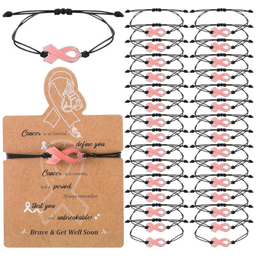 Woanger 50 Sets Breast Cancer Awareness Bracelet Pink Ribbon Adjustable Cord Bracelet with Inspirational Card for Women Girls