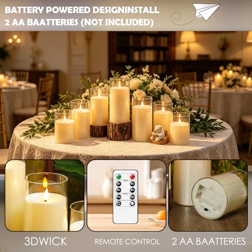 Image of kakoya Flickering Flameless Candles Battery Operated with Remote and 2 /4 /6 /8 H Timer Acrylic Led Pillar Candles Pack of 9 (D 3 inch xH 4 inch 5 inch 6 inch) with Realistic 3D Wick Candles for Home Decor(Ivory)