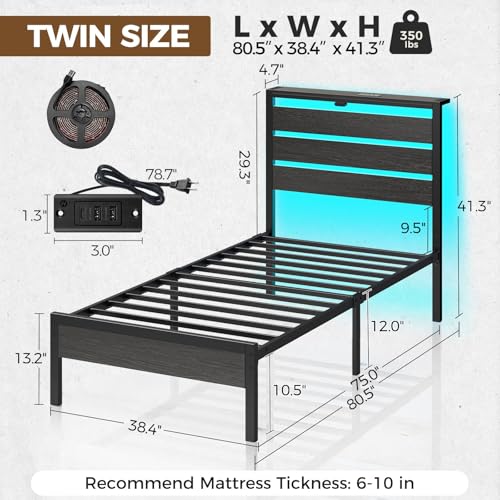 Rolanstar Bed Frame Twin Size with USB Charging Station, LED Bed Frame with Wood Storage Headboard, Black Metal Platform Bed with Under Bed Storage, No Box Spring Needed, Noise Free - Image 3
