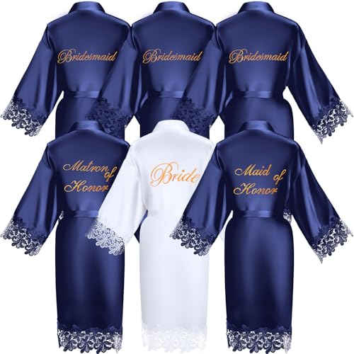 Coume Set of 6 Bride Bridesmaid Robes with Lace Trim Bridal Party Matron Maid of Honor Robes Silk Satin Gown for Wedding