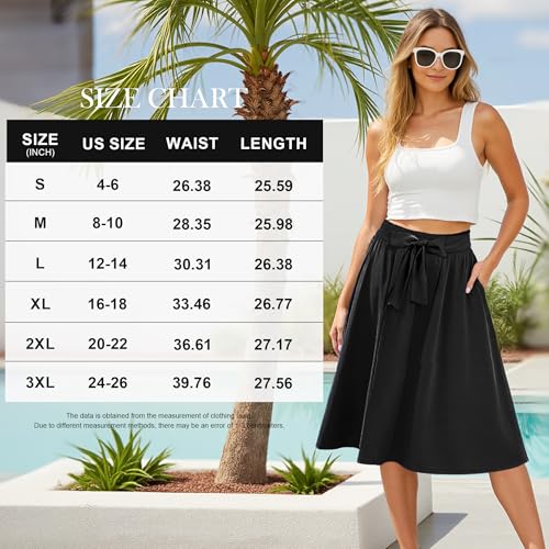 Womens Midi Skirt Summer Trendy Elastic High Waisted Boho Casual Beach Flowy Swing A-Line Skirts with Pockets4