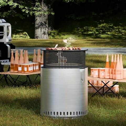 SUNBURY Smokeless Fire Pit for Outside w Grill Pan, Stainless Steel Adjustable Bonfire Wood Burning Fireplaces w Removable Ash Pan & Bag, 17in Large Outdoor Stove for Camping BBQ Family Gatherings Cover