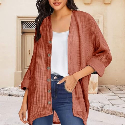 Womens Open Front Cardigan Shirt Soft Cotton Linen 3/4 Sleeve Lightweight Coat Casual Solid Color Button Loose Tops2