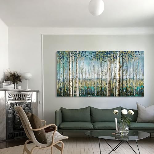 Image of Pogusmavi Large Framed Birch Tree Canvas Wall Art Nature Painting for Home Decor | Teal Artwork for Living Room, Bedroom, and Office Pictures for Living Room 24x48IN