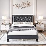 Queen Bed Frame, Diamond Tufted Upholstered Platform Bed Frame with Adjustable Headboard, Mattress Foundation with Wooden Slat Support, No Box Spring Needed, Easy Assembly (Queen, Gray)