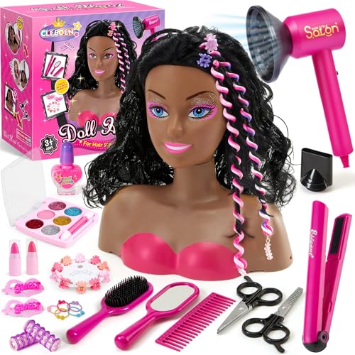 Cleboen Hair Styling Doll Head Makeup Kit for Girls Toys, 35PCS Kids Hair Salon Pretend Playset with Hairdryer Straightener Headwears & Real Makeup Nail Polish, Birthday Gifts for Girls 3 4 5 6 7 8+