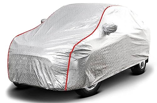 Image of PROTEGO All Weather Protection Car Cover for Thar Roxx | Anti Dust, 100% Waterproof, Durable Cover - Triple Stitched Elastic Grip with Mirror Pocket |(Metallic Silver with Red Piping)