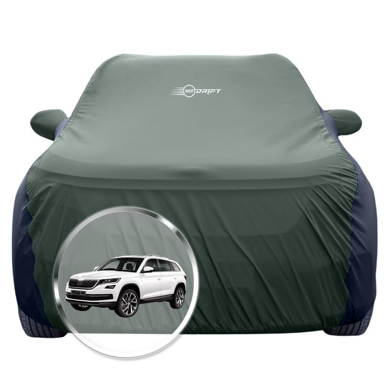 Image of NEODRIFT 'SuperTech' Car Cover for Skoda Kodiaq (100% Water-Resistant, All Weather Protection, Tailored Fit, Multi-Layered & Breathable Fabric) (Colour: L.Green+Black)