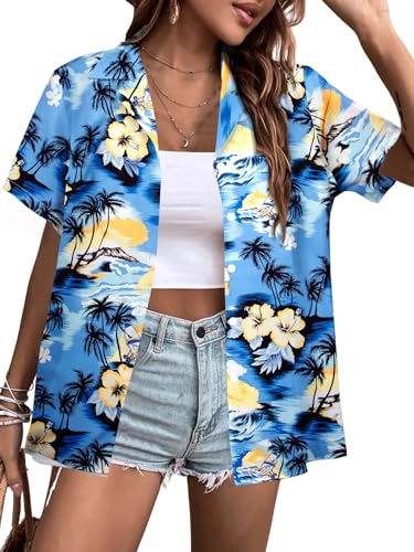 Image of ASTANFY Hawaiian Shirt Women Hawaii T-Shirt Tropical Floral Printed V Neck Shirts Soft Cool Summer Beach Button Up Blouse