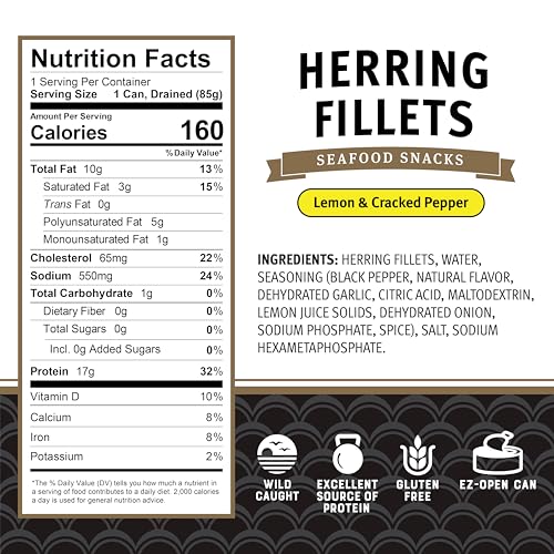 Image of Brunswick Herring Fillets in Lemon & Cracked Pepper, 3.53 oz Can - 15g Protein per Serving - Gluten Free, Keto Friendly - Great for Pasta & Seafood Recipes