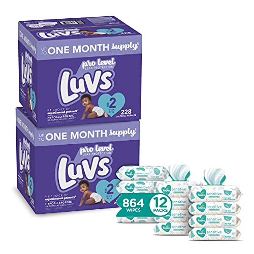 Luvs Baby Diapers and Wipes 2 Month Supply - Two Disposable Baby Diapers Size 2, 228 Count) with Sensitive Water-Based Baby Wipes, 864 Count