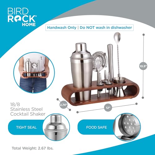 BIRDROCK HOME 10 Piece Professional Bartender Cocktail Mixing Set with Acacia Wood Stand | Stainless Steel Bar Tools for Home | Gift for Him | Includes Shaker, Muddler, Strainers, Jigger, and Spoon by BIRDROCK HOME - Used condition - Image 3
