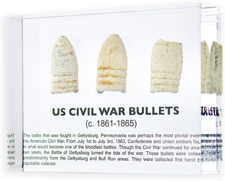 Civil War Minié Ball Bullets Display - Authentic Lead Bullets Preserved in Lucite, Handmade in USA, 4x3x1 inches, for Display or Education Purposes