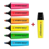 Juego completo de 6 resaltadores originales de Stabilo Boss, en embalaje de la marca Stabilo, con amarillo adicional.