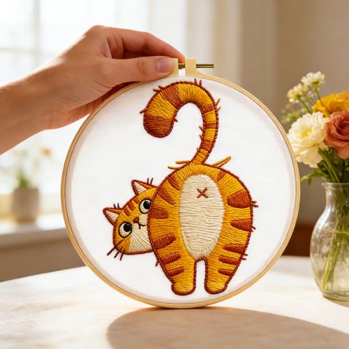 Image of BEUNITONE 4PCS Fun and Funny Cat Embroidery Kit for Beginners, Cute Pre-Print Cat Pattern Hand Embroidery Kits with Hoop and Instruction, DIY Needlepoint Craft Kit for Gifts and Home Decor