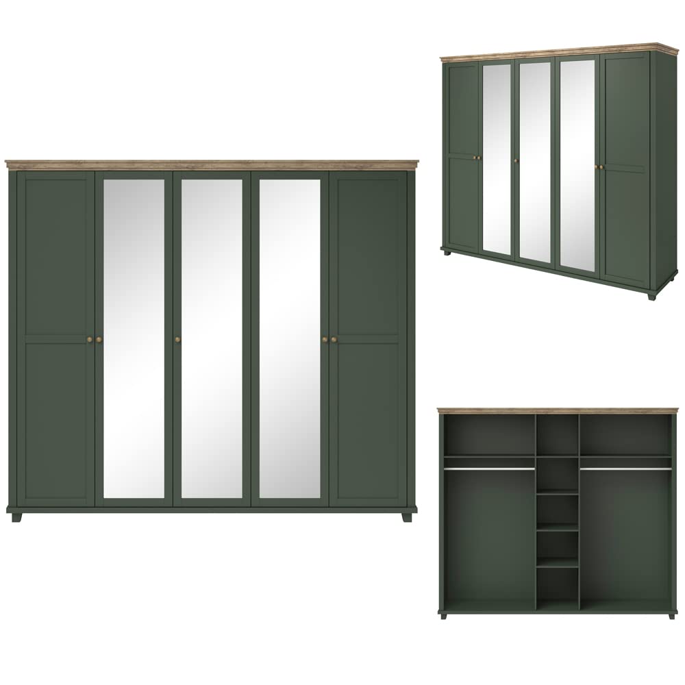 Lomadox Schlafzimmer Komplett Set Landhaus grün Eiche Doppelbett Bettgestell Liegefläche 180 x 200 cm Kleiderschrank Spiegeltüren Nachttisch Nachtschrank