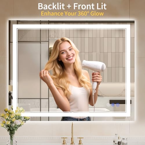 Image of 32 inchx40 inch LED Bathroom Mirror with Lights, Anti-Fog, Backlit + Front Lit, Dimmable, Led Vanity Mirror for Wall, Lighted Bathroom Mirror, 3 Colors, Shatter-Proof Tempered Glass