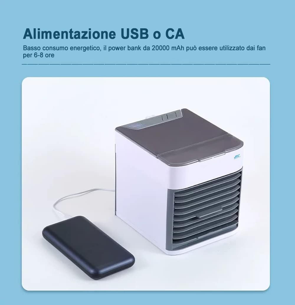 SIC Mini Climatizzatore Portatile 3 in 1: Raffreddatore d'aria/Umidificatore/Purificatore d'aria; con Luce LED; 3 Velocità Regolabili e Cavo USB; per Casa, Ufficio, Viaggi; Bianco (AT-SIC10)