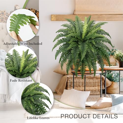 35 Ferns Artificial Bush Plants Large, 2 Artificial Boston Ferns with 39 Fronds for Outdoors Home Decor