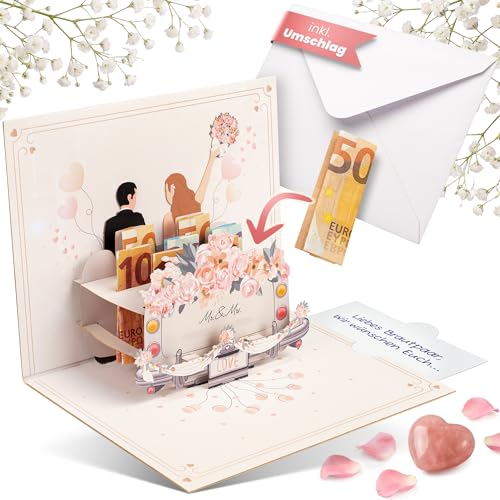 BASICBIRD Hochzeitskarte Geldgeschenk Hochzeit Hochzeitsgeschenke für Brautpaar Hochzeitsauto Pop Up Karte Geldkarte Hochzeitsgeschenk Geld Ideen 3D Geldgeschenke Glückwunschkarte personalisiert