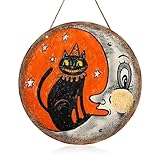 GyovinnJuwanua Halloween Cat Moon Decoration - Religious Vintage Black Cat Moon Wooden Wall Hanging Decoration, Door Welcome Sign Wood Craft Pendents Supplies for Home Porch Party Decor