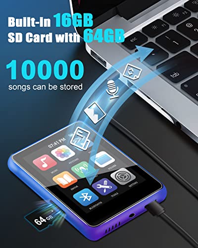80Gb Mp3 Player With Bluetooth, Sunoony Music Player With Fm Radio, Bulit-In Speaker, 2.4 Inch Touch Screen, Tf Card, Hifi Sound, Earphone, Recording/E-Book/Photo/Video Viewing For Kids/Running/Gift #TOP2
