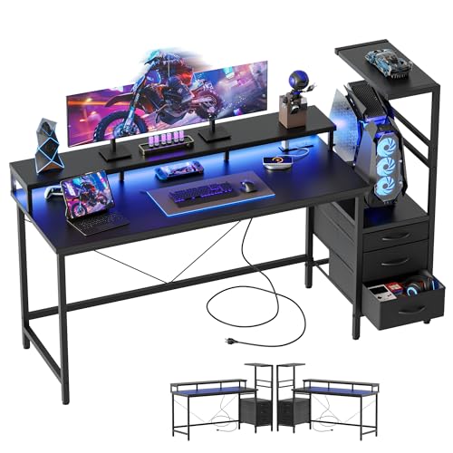 Image of Mericonia 52 inch Gaming Desk with Drawers, Reversible Computer Desk, Black