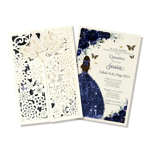 FANEYA 50Pcs Butterfly Custom Quinceanera Invitation Navy Blue for 15 year, Sweet 16, Miss XV, Birthday Laser Cut Quince Invitation Cards Personalized Ivory White