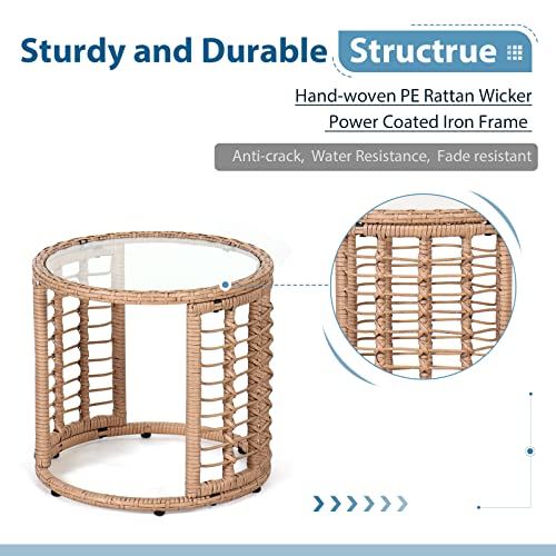 Joivi Outdoor Wicker Side Table, All-Weather Patio Rattan End Table With Glass Top thumb #4