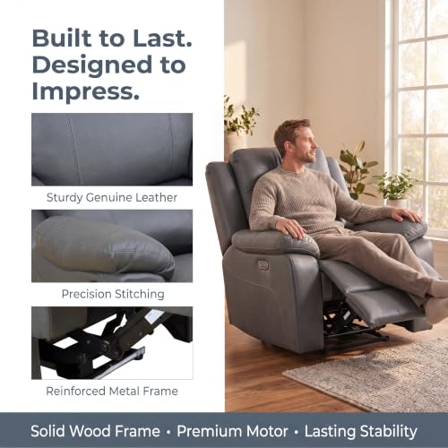 Image of Leather Power Recliner Chair, Single Lazy Boy Recliner with USB Charging, Oversized Breathable Living Room Reclining Chair for Adults Reading, Gaming, Home Theater Relax, Deep Grey