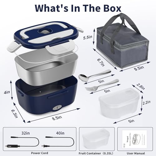 Image of Vingud Electric Lunch Box Food Heater, 3 in 1 Heating Lunch Box for Work /Car /Truck, Heated Lunch Boxes for Adults with 1.5L Stainless Steel Container, 12V 24V 110V (Blue + White)
