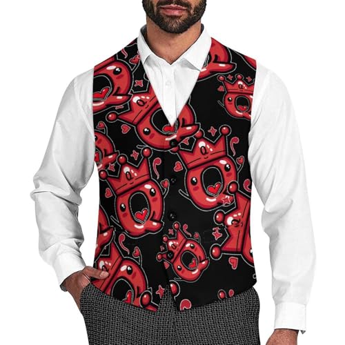 Queen of Hearts Playing Cards Men's Suit Vests Business Formal Dress V-Neck Waistcoat Tops with 2 Pockets