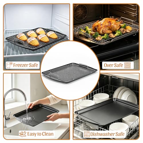 Image of 17.3 inch Large Baking Sheet with Rack & Glove, Carbon Steel Cookie Sheets for Baking, Nonstick Heavy Duty, Dishwasher Safe, Easy Clean, Dark Gray