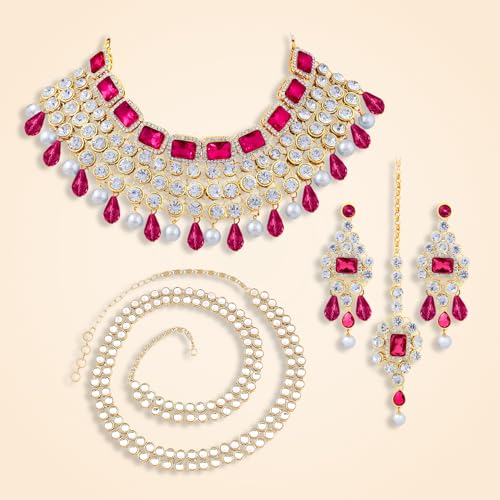 Image of Peora Crystal Choker Necklace with Maang Tikka Earrings Indian Traditional Bridal Wedding Jewellery Set for Women