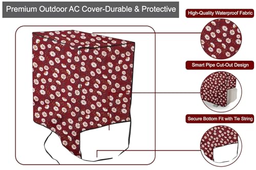 Image of The Furnishing Tree 2 Ton Split AC Cover for Indoor and Outdoor Units Floral Pattern Red White