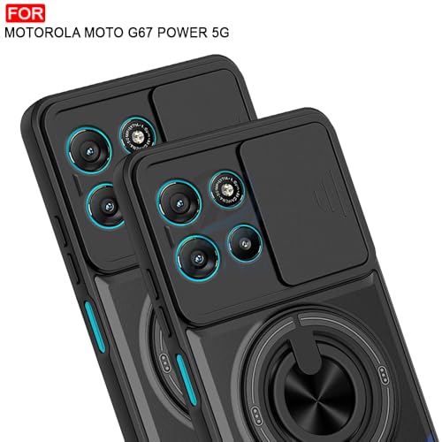 Image of AESTMO Moto G67 Power / G57 Power 5G Back Cover | Armor Camera Slider 360 Degree Rotating Finger Ring Holder Case with Bracket Stand Back Case Cover (Compatible with MagSafe Accessories) (Black)