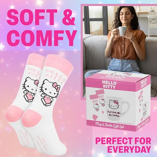 Image of Get Trend Hello Kitty Sanrio 11oz Mug and Socks Set, Kawaii Crew Socks Ceramic Coffee Mug Microwave Safe, Gifts for Women, Wife, Girlfriend (Pink /White Hello Kitty)
