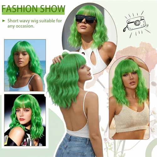 Image of Pastel Grass Green Wavy Bob Wig for Women, Short Shoulder Length Synthetic Wig with Bangs, Matte Natural Realistic Look Lightweight Hairpiece, Green Color for Daily Wear & Cosplay Costume
