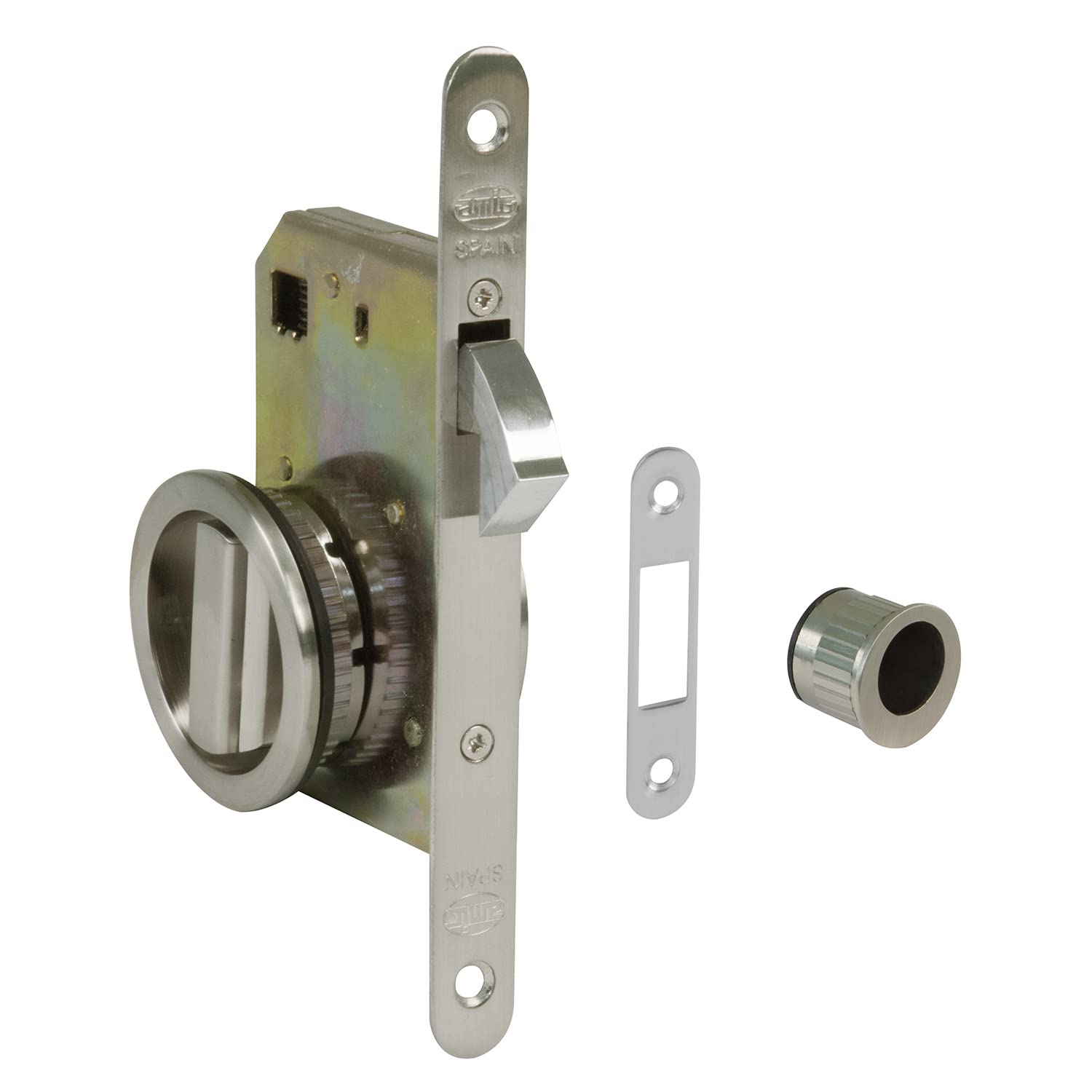 Amig - Serrure à encastrer Mod.611 avec béquille et poignée pour portes coulissantes en bois d'épaisseur 35-40 mm | Entrée : 50 mm | En acier finition chromée mate