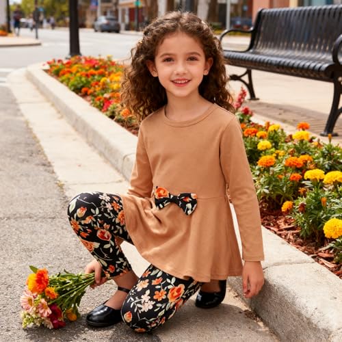 Image of Kids Toddler Girls Clothing Set Long Sleeve Top With Bowknot +Floral Print Pants 2 Pcs Fall Outfits Set