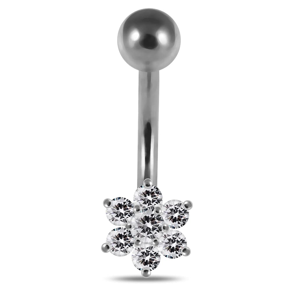AZARIO LONDONStudded Tiny Flower Design 925 Sterling Silver Belly Bar Piercing