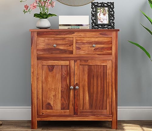 Image of Solid Sheesham Wood Wooden Sideboard Storage Cabinet : Ideal for Living Room and Bedroom with 2 Drawers and 2-Shelf Storage (Clovis, Honey Finish)