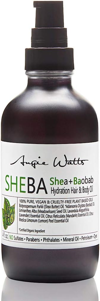 SHEBA Shea + Baobab Hydrating Hair & Body Oil, 4oz - All Natural and Organic Ingredients | 100% Vegan | Lightweight | Restores moisture, nutrients and shine to thirsty (dehydrated) hair and skin