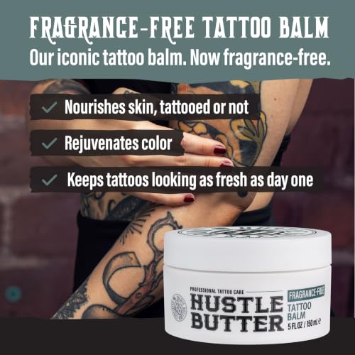 Image of Hustle Butter Fragrance Free Tattoo Aftercare 5oz Tattoo Balm, Unscented Vegan Tattoo Butter and Healing Cream for Sensitive Skin, Moisturizer That Brightens Old Ink, No Petroleum