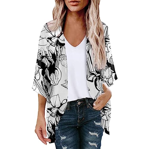 oelaio 3/4 Sleeve Cardigan Lightweight 2023,Women's Beach Kimono Coverup Sheer Chiffon Cover ups,Casual Loose Open Front Black