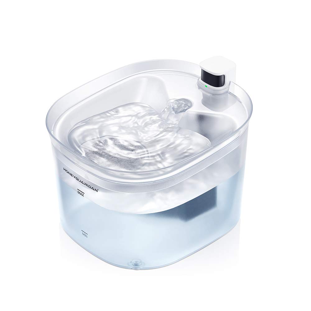 HoneyGuaridan Fuente para gatos con sensor de movimiento, 2,5 L, ultrasilenciosa, sin cable, modo de trabajo con 2 LED, capacidad de agua visible, viene con 2 filtros de carbón activo